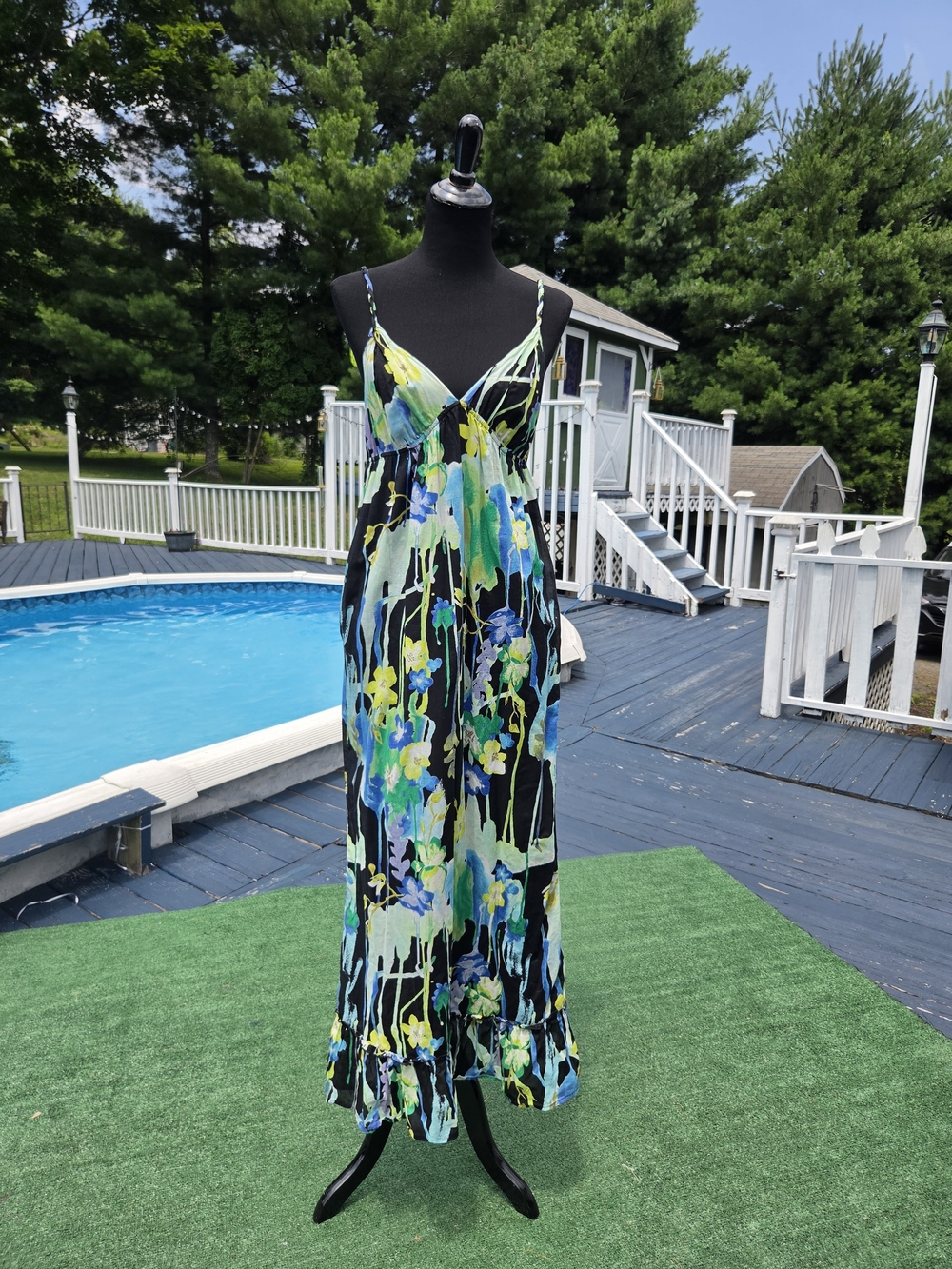 Old Navy Black Floral Maxi Dress with Blue, Green & Purple Print